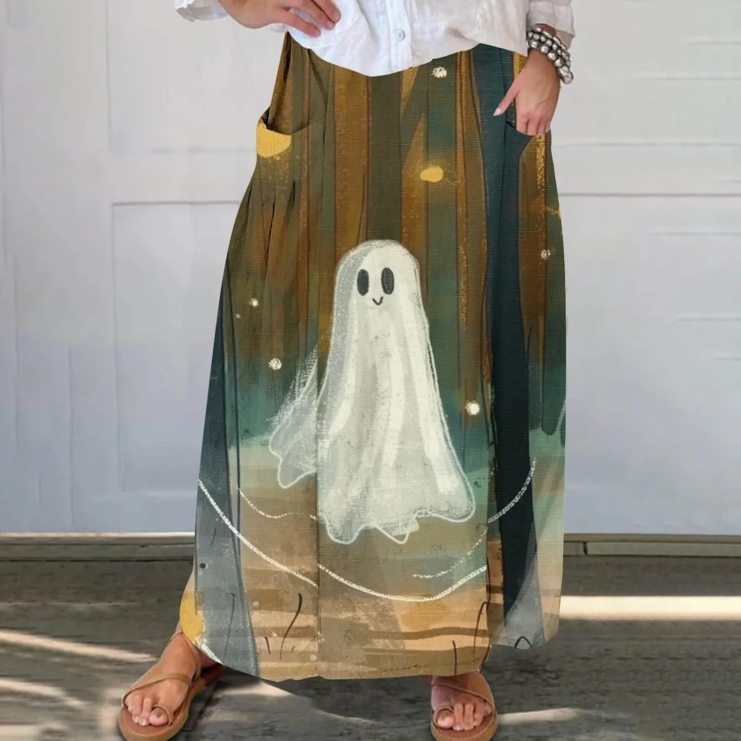 Halloween Skirt for Women Ghost Print Elastic Maxi Skirt Casual Summer Outfits Novelty Fall Night Out All Hallows Eve