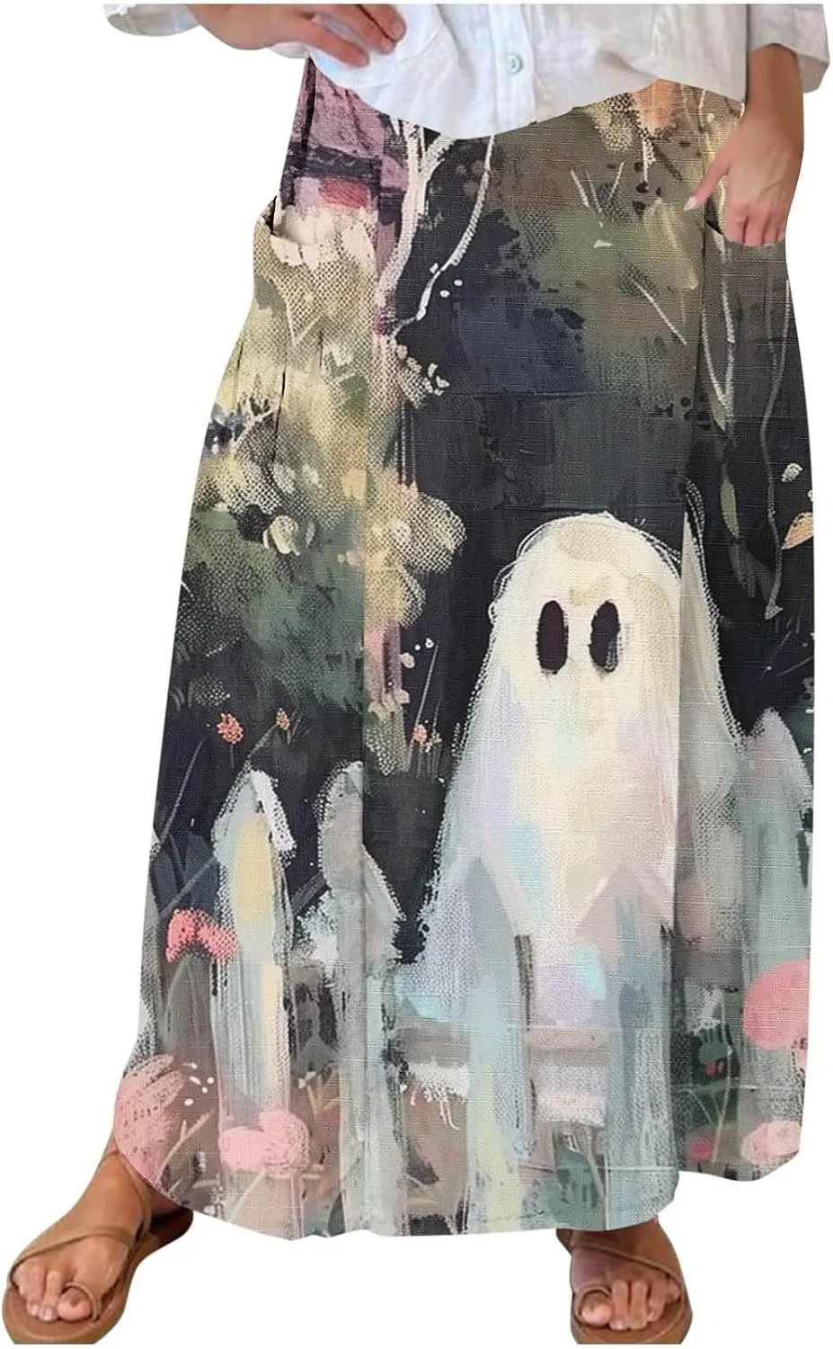 Halloween Skirt for Women Ghost Print Elastic Maxi Skirt Casual Summer Outfits Novelty Fall Night Out All Hallows Eve