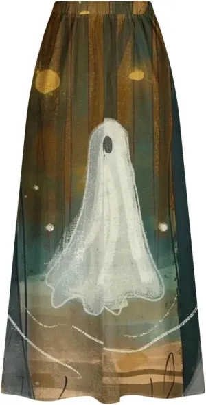 Halloween Skirt for Women Ghost Print Elastic Maxi Skirt Casual Summer Outfits Novelty Fall Night Out All Hallows Eve