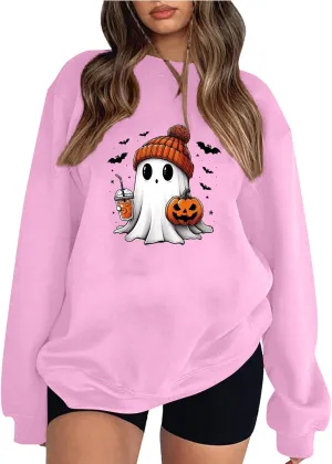 Halloween Sweatshirts for Women Long Sleeve Crewneck Cute Spooky Pullover Tops Oversized Halloween Ghost Shirt