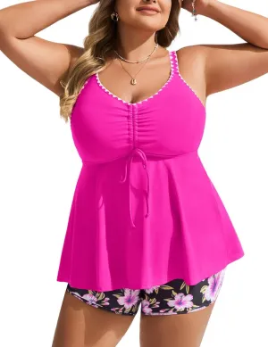 Hanna Nikole Plus Size Tankini Swimsuits for Women 2PCS Sets Color Block Swim Tops Boy Shorts with Pockets