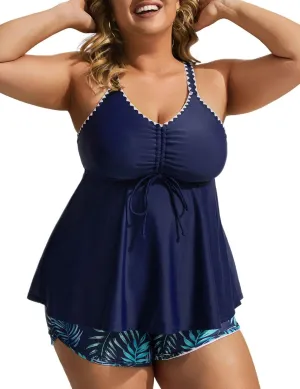 Hanna Nikole Plus Size Tankini Swimsuits for Women 2PCS Sets Color Block Swim Tops Boy Shorts with Pockets