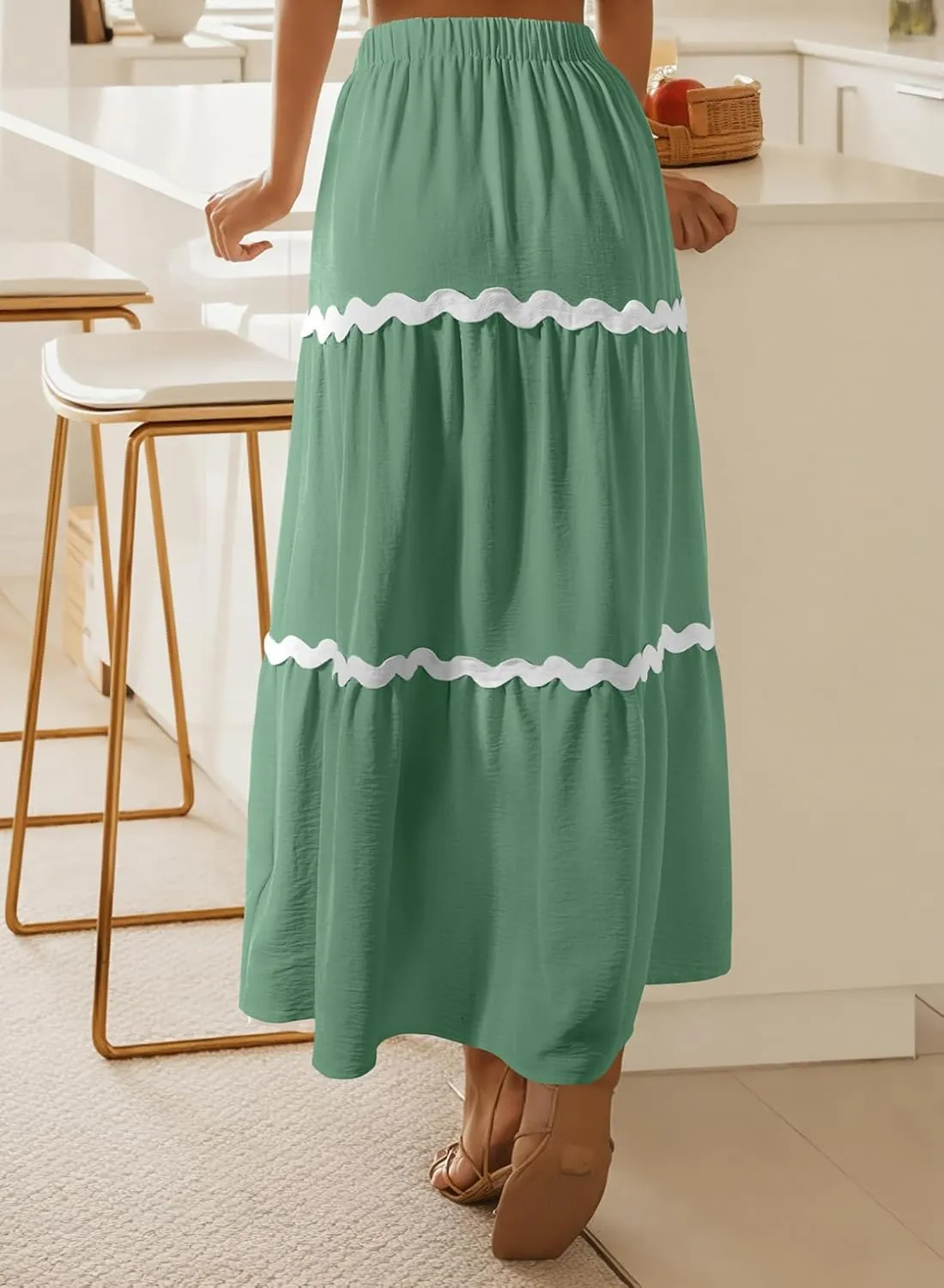 Happy Sailed Womens Boho Maxi Skirts Colorblock Wave Striped Elastic High Waist A Line Flowy Long Skirts with Pockets