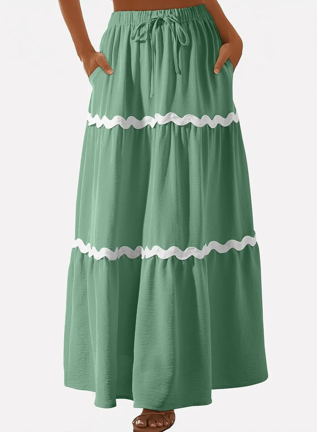 Happy Sailed Womens Boho Maxi Skirts Colorblock Wave Striped Elastic High Waist A Line Flowy Long Skirts with Pockets