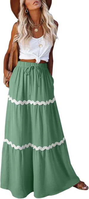 Happy Sailed Womens Boho Maxi Skirts Colorblock Wave Striped Elastic High Waist A Line Flowy Long Skirts with Pockets