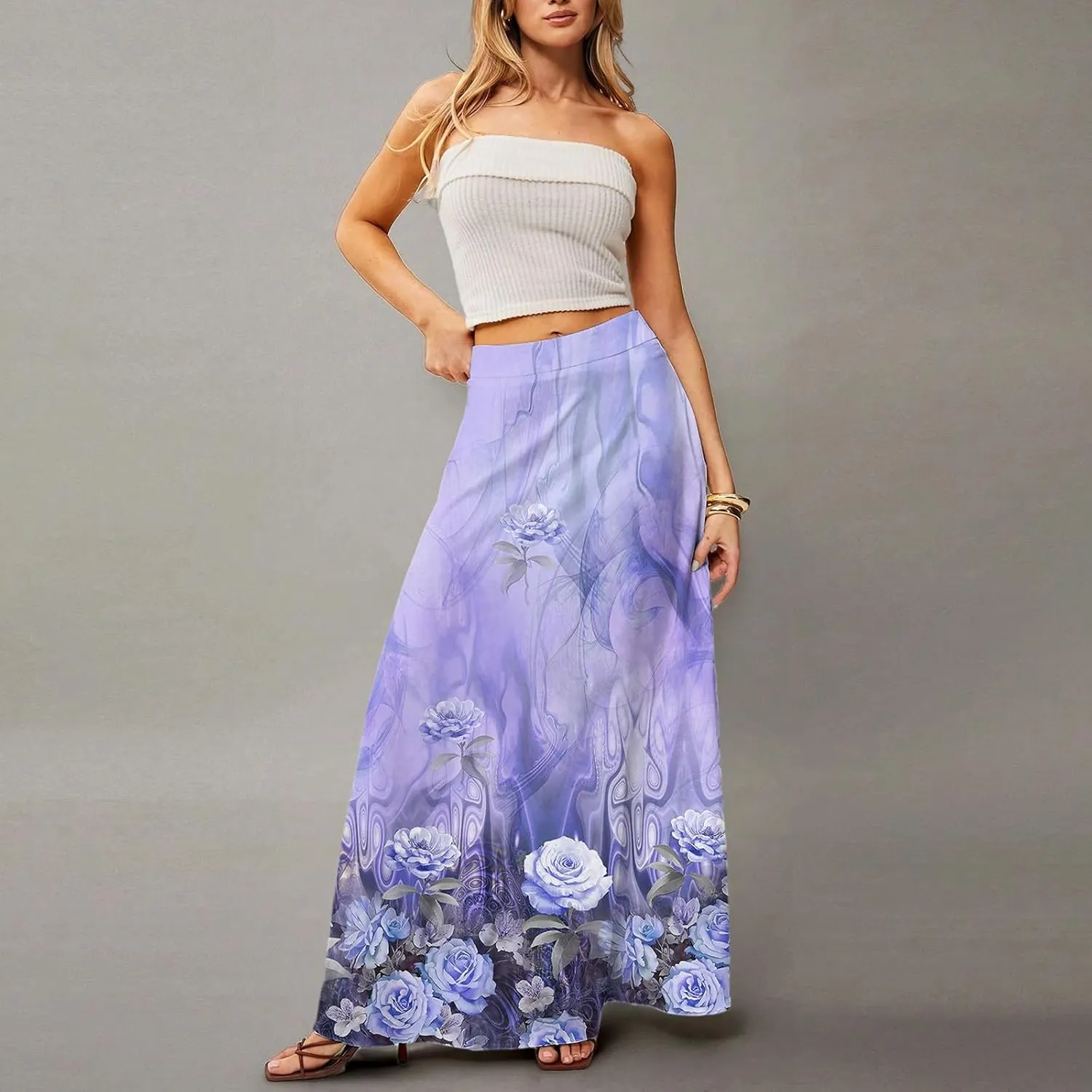 HAVUITYY Bohemian Maxi Skirts for Women 2025 Casual Floral Print Flowy High Waist A Line Summer Skirts with Pocket