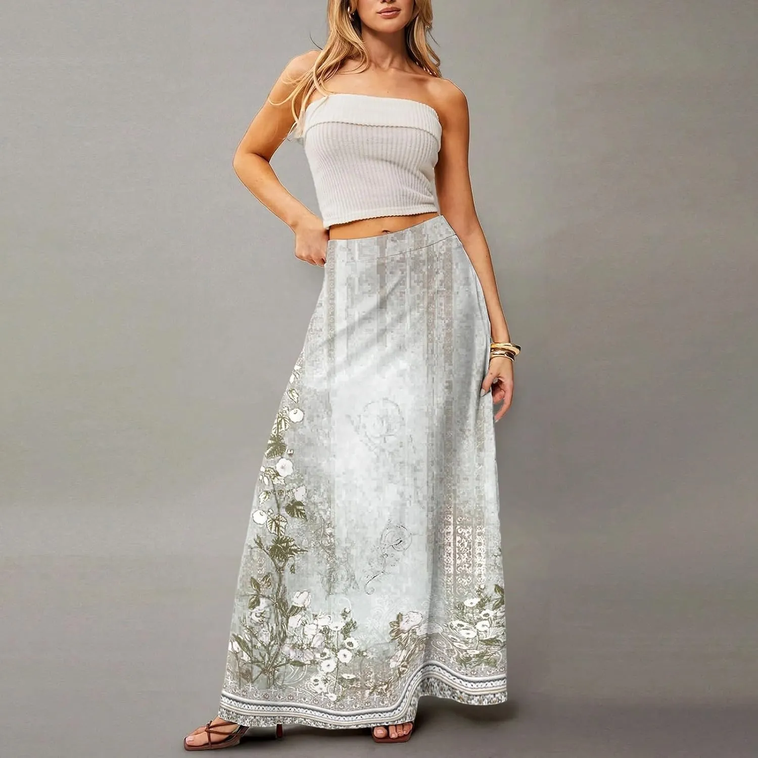 HAVUITYY Bohemian Maxi Skirts for Women 2025 Casual Floral Print Flowy High Waist A Line Summer Skirts with Pocket