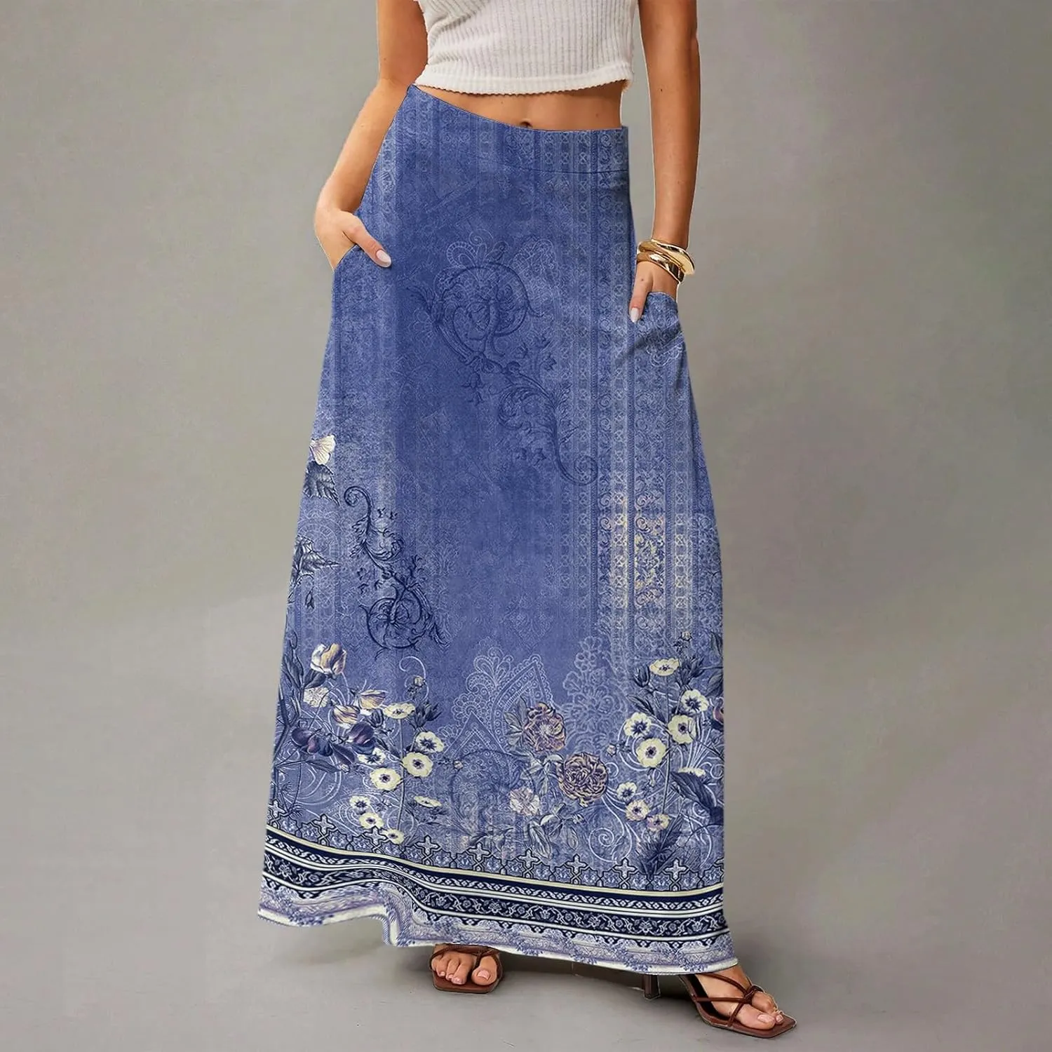 HAVUITYY Bohemian Maxi Skirts for Women 2025 Casual Floral Print Flowy High Waist A Line Summer Skirts with Pocket