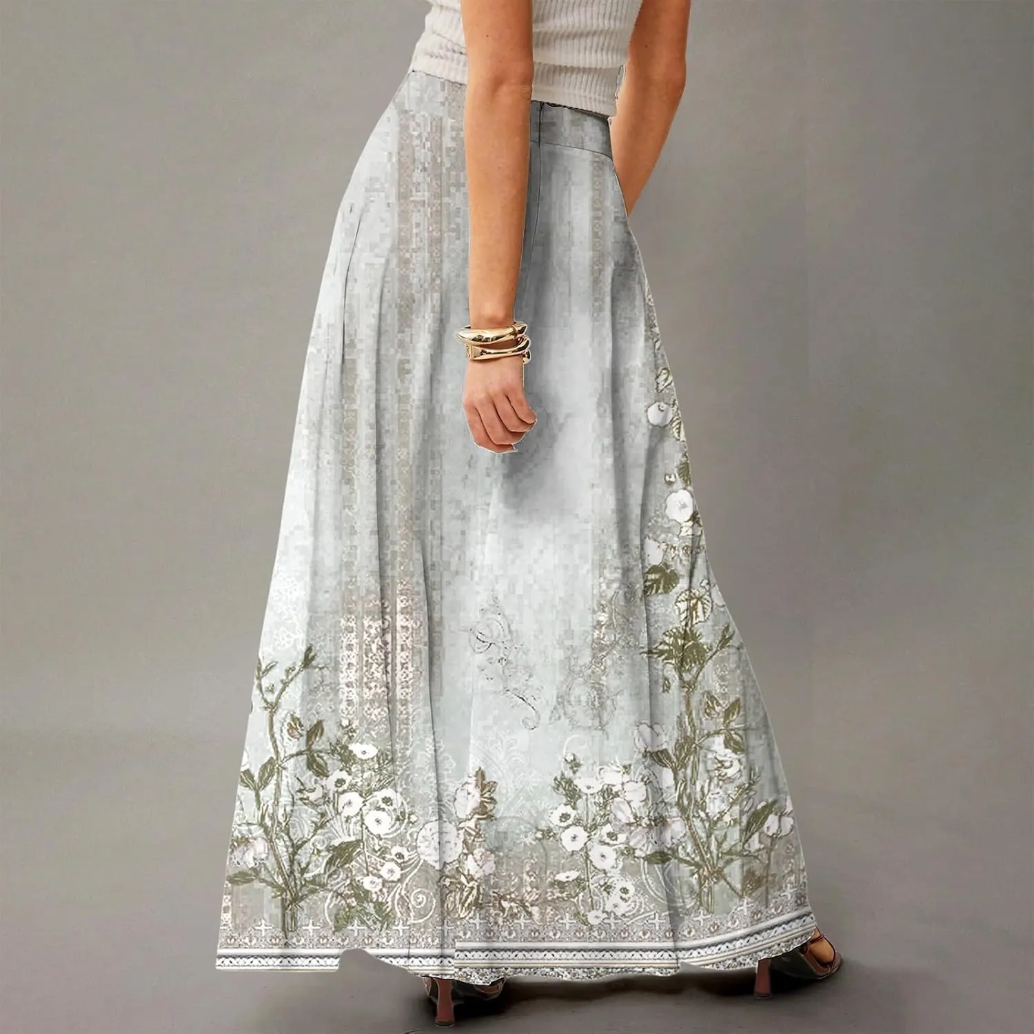 HAVUITYY Bohemian Maxi Skirts for Women 2025 Casual Floral Print Flowy High Waist A Line Summer Skirts with Pocket