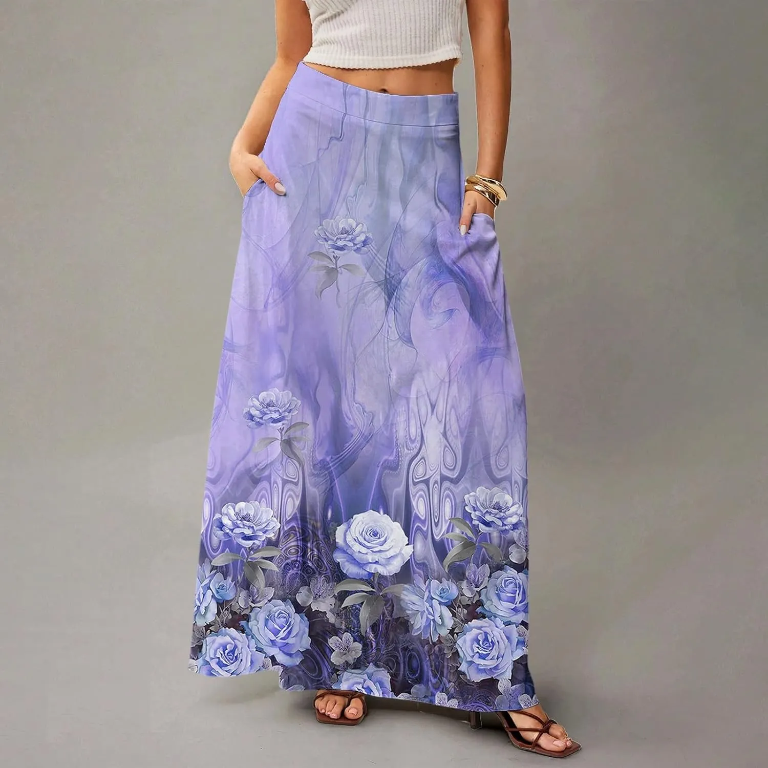 HAVUITYY Bohemian Maxi Skirts for Women 2025 Casual Floral Print Flowy High Waist A Line Summer Skirts with Pocket