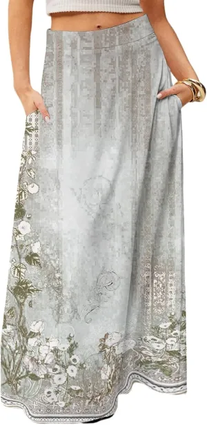 HAVUITYY Bohemian Maxi Skirts for Women 2025 Casual Floral Print Flowy High Waist A Line Summer Skirts with Pocket