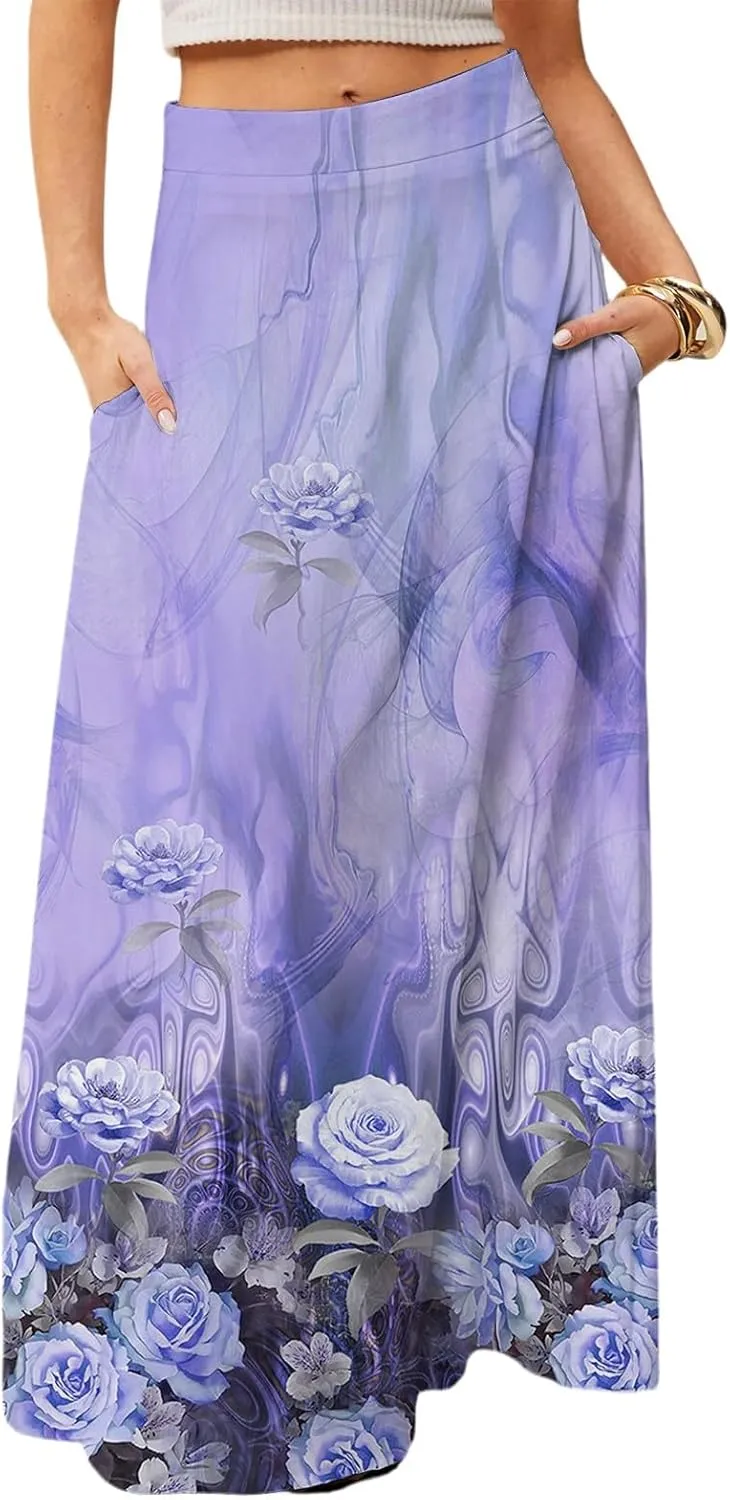 HAVUITYY Bohemian Maxi Skirts for Women 2025 Casual Floral Print Flowy High Waist A Line Summer Skirts with Pocket