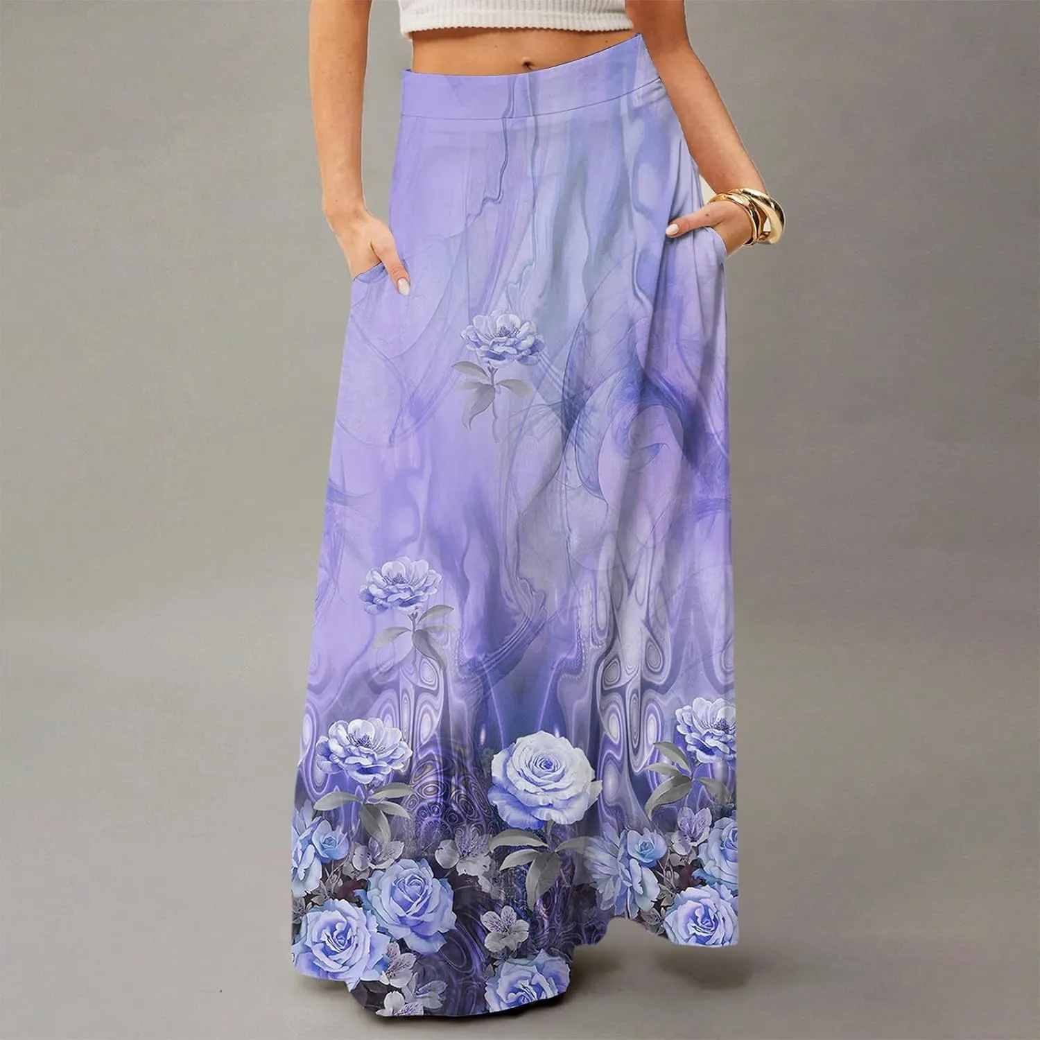 HAVUITYY Bohemian Maxi Skirts for Women 2025 Casual Floral Print Flowy High Waist A Line Summer Skirts with Pocket