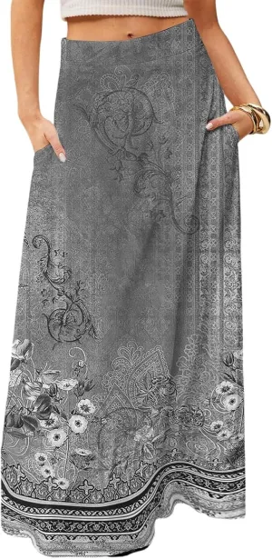 HAVUITYY Bohemian Maxi Skirts for Women 2025 Casual Floral Print Flowy High Waist A Line Summer Skirts with Pocket