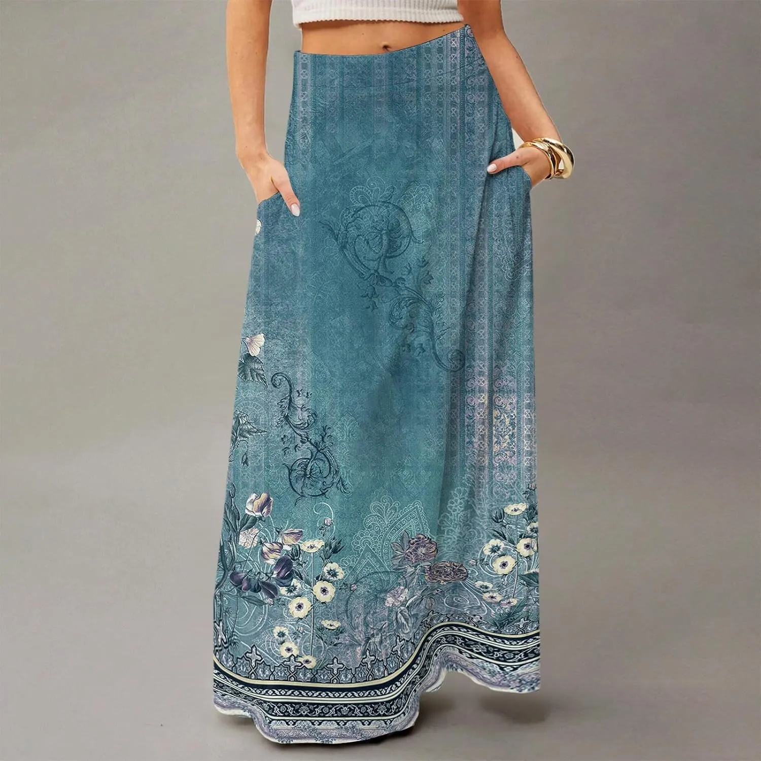 HAVUITYY Bohemian Maxi Skirts for Women 2025 Casual Floral Print Flowy High Waist A Line Summer Skirts with Pocket