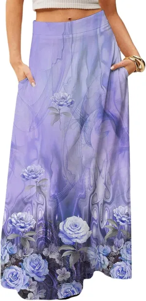 HAVUITYY Bohemian Maxi Skirts for Women 2025 Casual Floral Print Flowy High Waist A Line Summer Skirts with Pocket