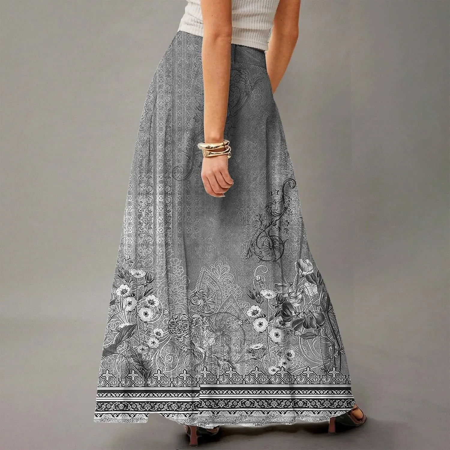 HAVUITYY Bohemian Maxi Skirts for Women 2025 Casual Floral Print Flowy High Waist A Line Summer Skirts with Pocket