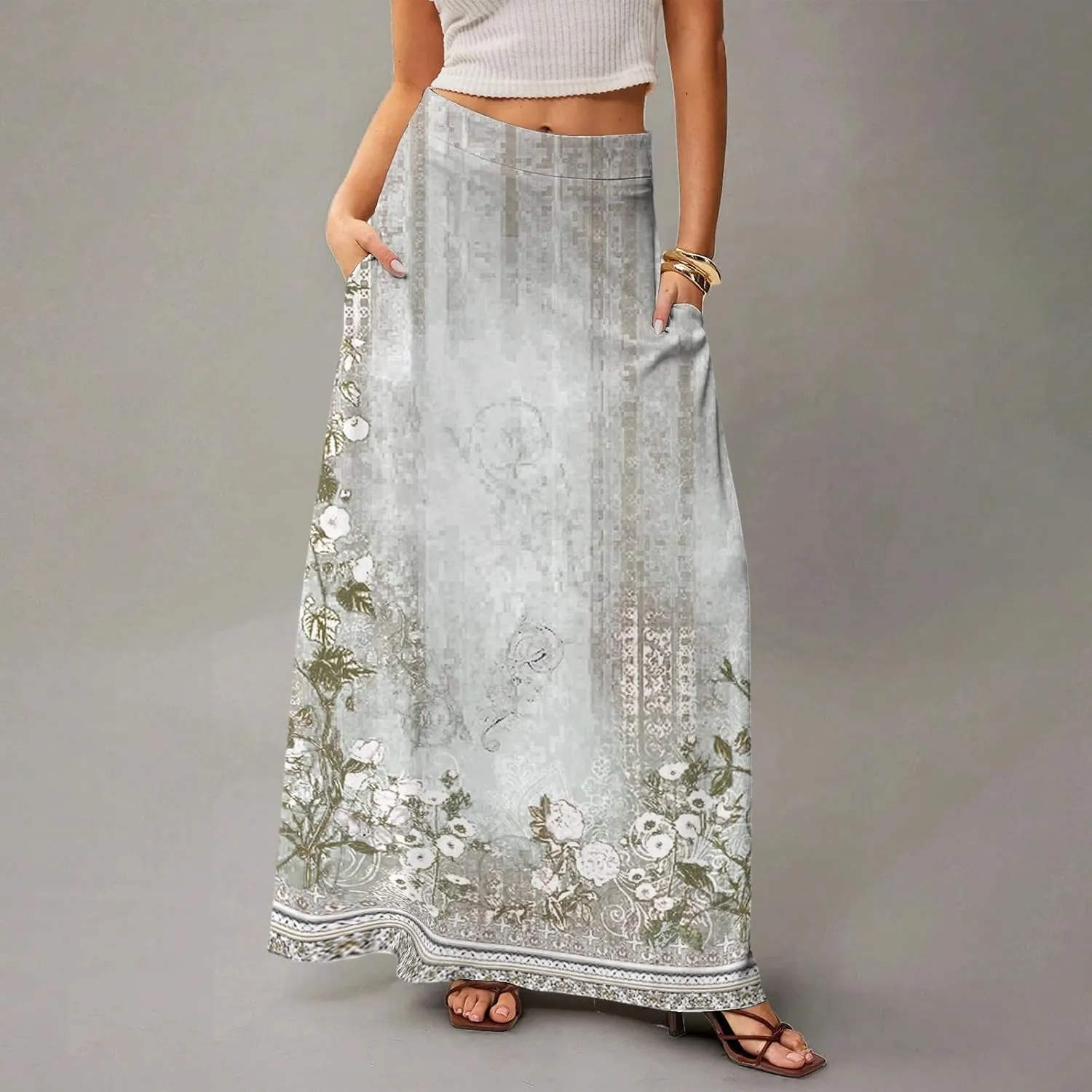 HAVUITYY Bohemian Maxi Skirts for Women 2025 Casual Floral Print Flowy High Waist A Line Summer Skirts with Pocket