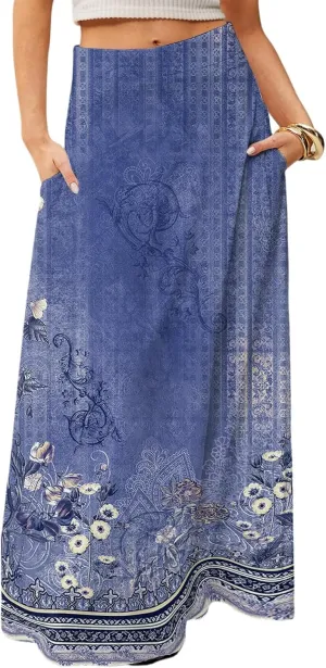 HAVUITYY Bohemian Maxi Skirts for Women 2025 Casual Floral Print Flowy High Waist A Line Summer Skirts with Pocket