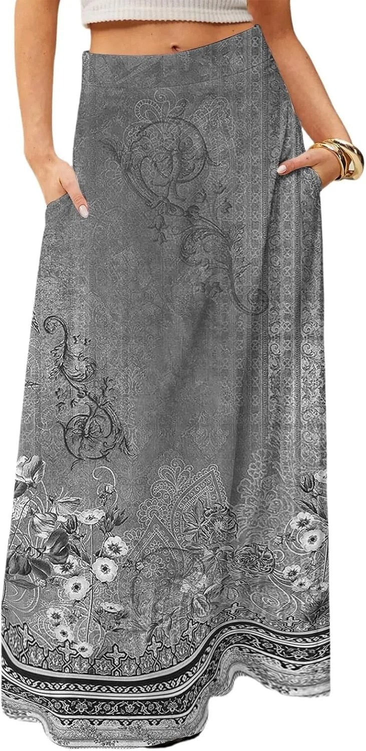 HAVUITYY Bohemian Maxi Skirts for Women 2025 Casual Floral Print Flowy High Waist A Line Summer Skirts with Pocket