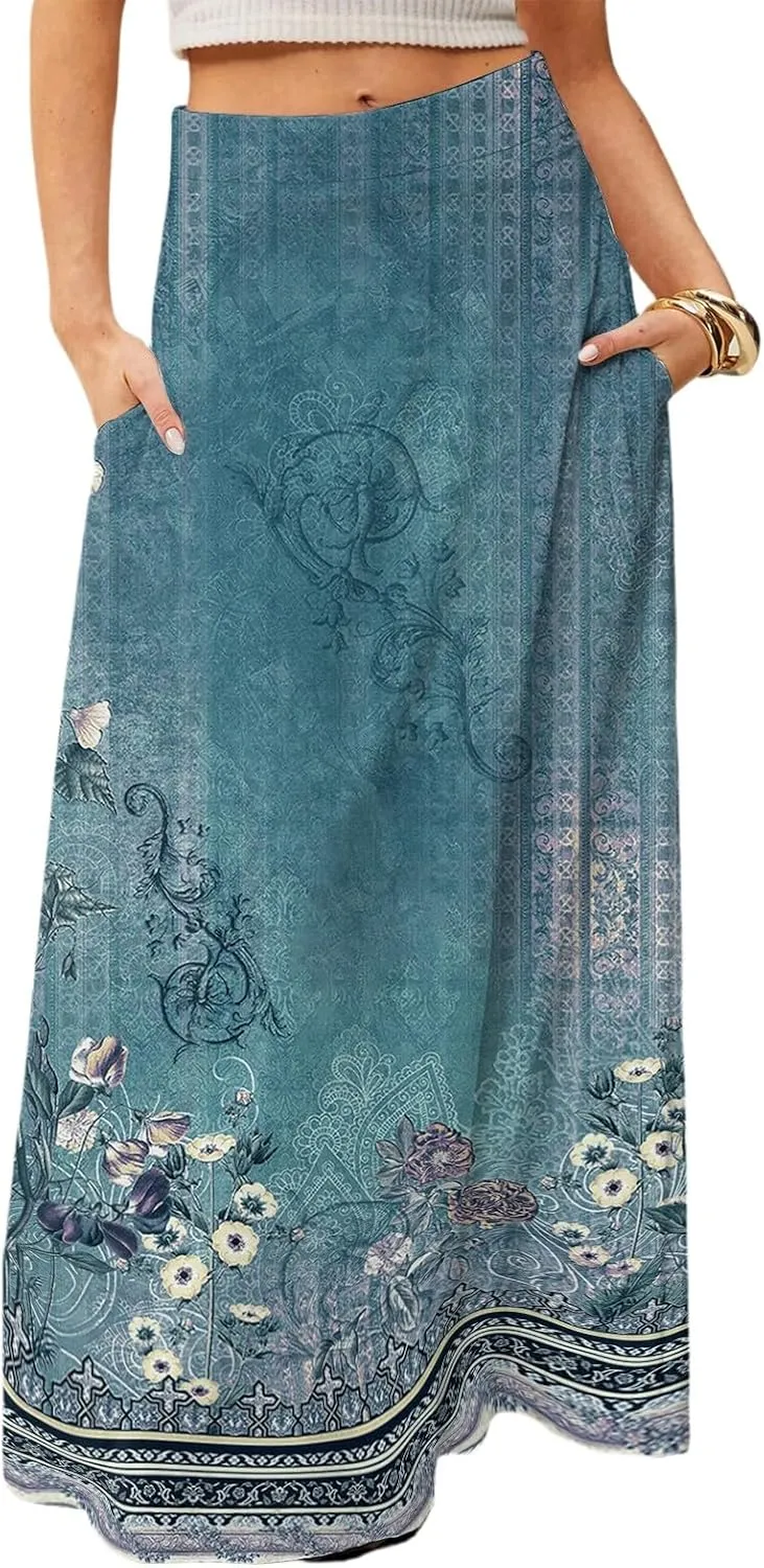 HAVUITYY Bohemian Maxi Skirts for Women 2025 Casual Floral Print Flowy High Waist A Line Summer Skirts with Pocket