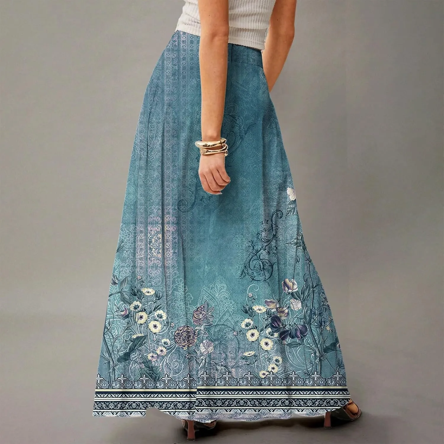 HAVUITYY Bohemian Maxi Skirts for Women 2025 Casual Floral Print Flowy High Waist A Line Summer Skirts with Pocket