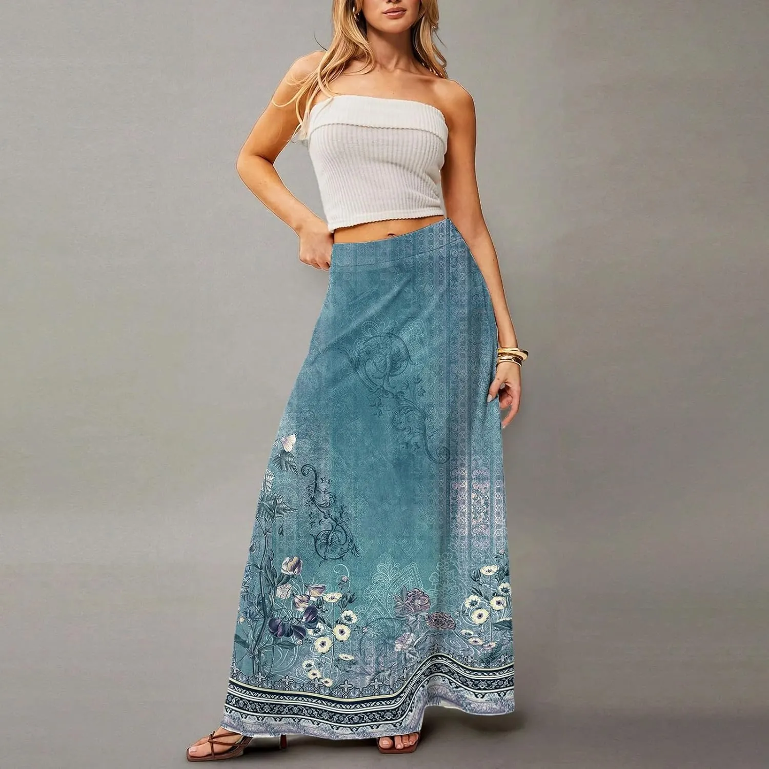 HAVUITYY Bohemian Maxi Skirts for Women 2025 Casual Floral Print Flowy High Waist A Line Summer Skirts with Pocket