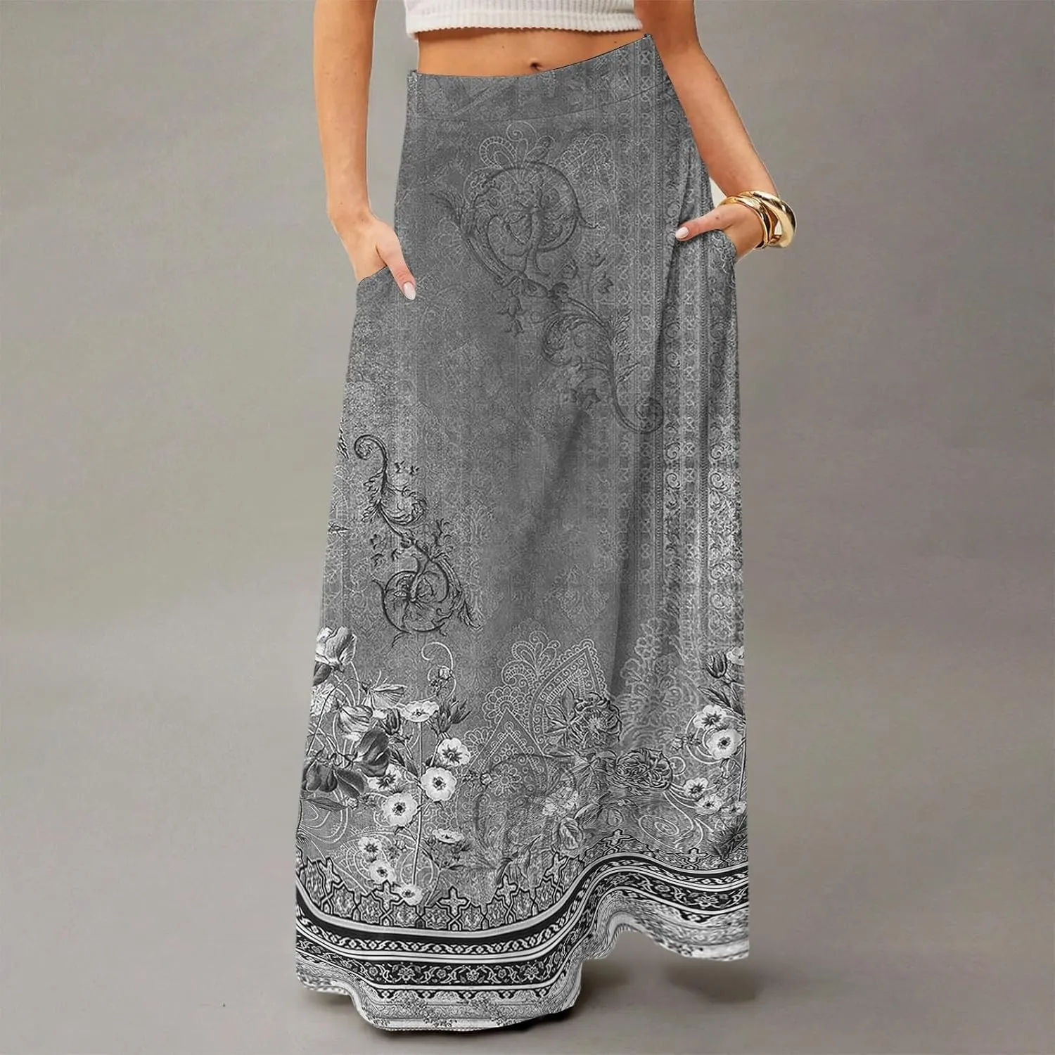 HAVUITYY Bohemian Maxi Skirts for Women 2025 Casual Floral Print Flowy High Waist A Line Summer Skirts with Pocket