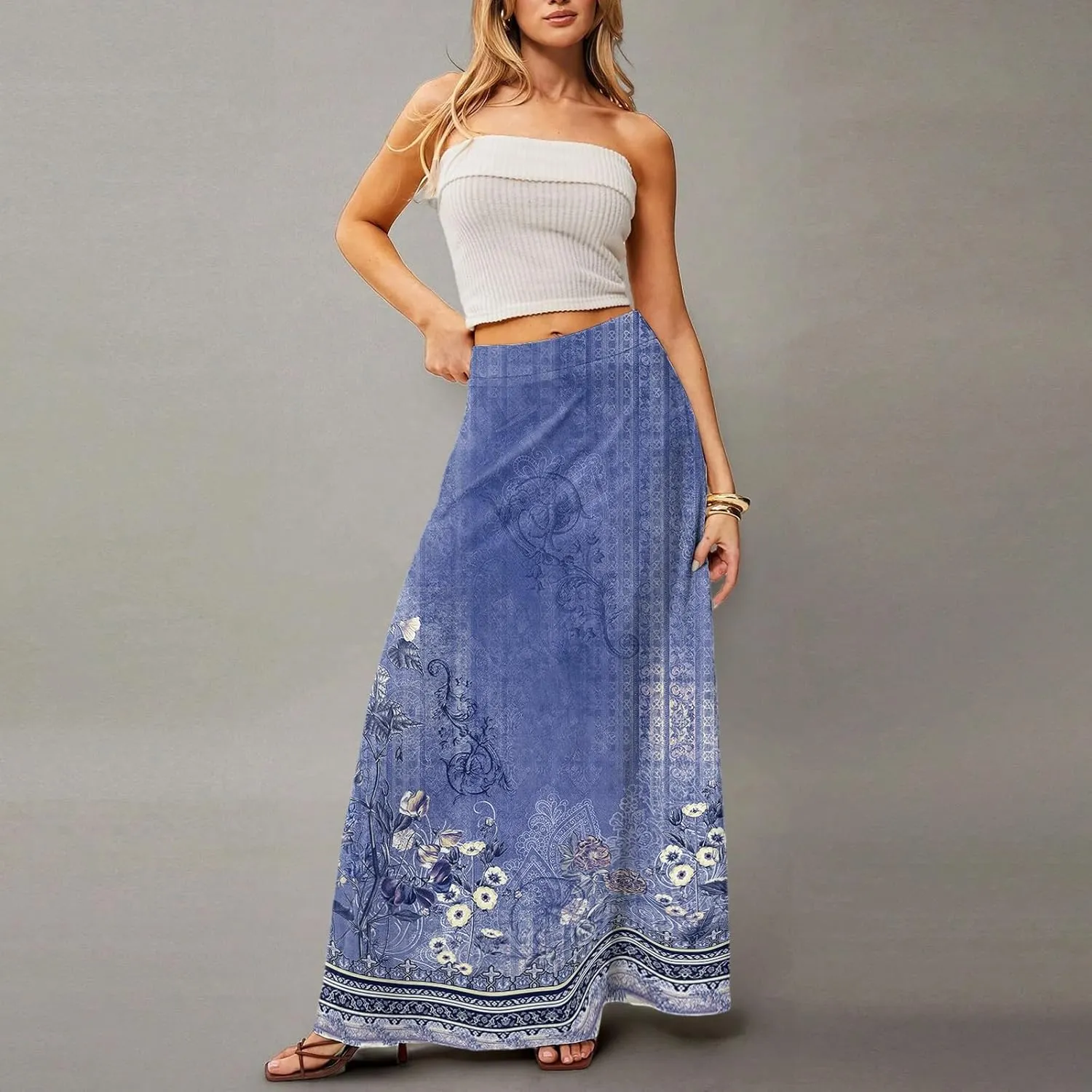 HAVUITYY Bohemian Maxi Skirts for Women 2025 Casual Floral Print Flowy High Waist A Line Summer Skirts with Pocket