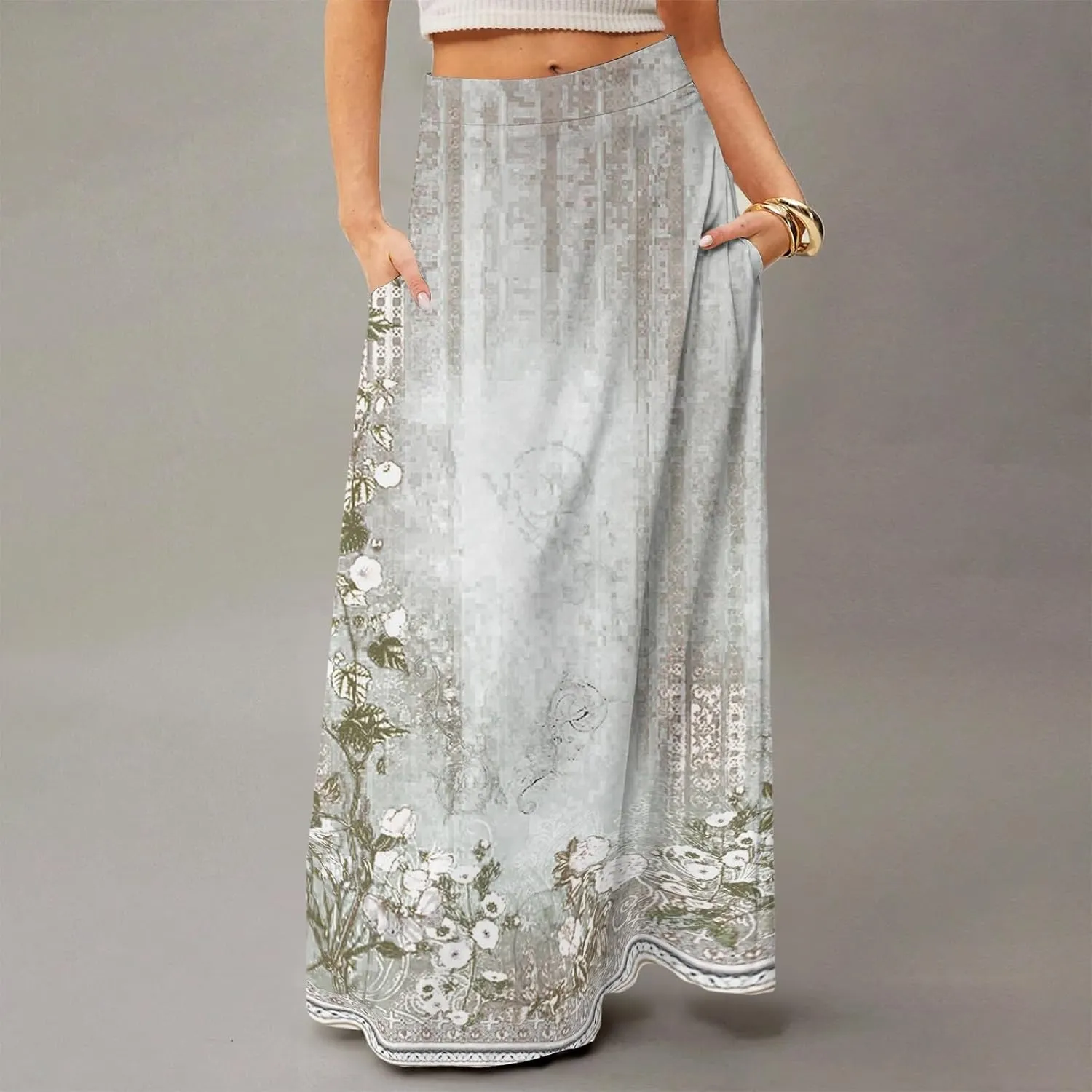 HAVUITYY Bohemian Maxi Skirts for Women 2025 Casual Floral Print Flowy High Waist A Line Summer Skirts with Pocket