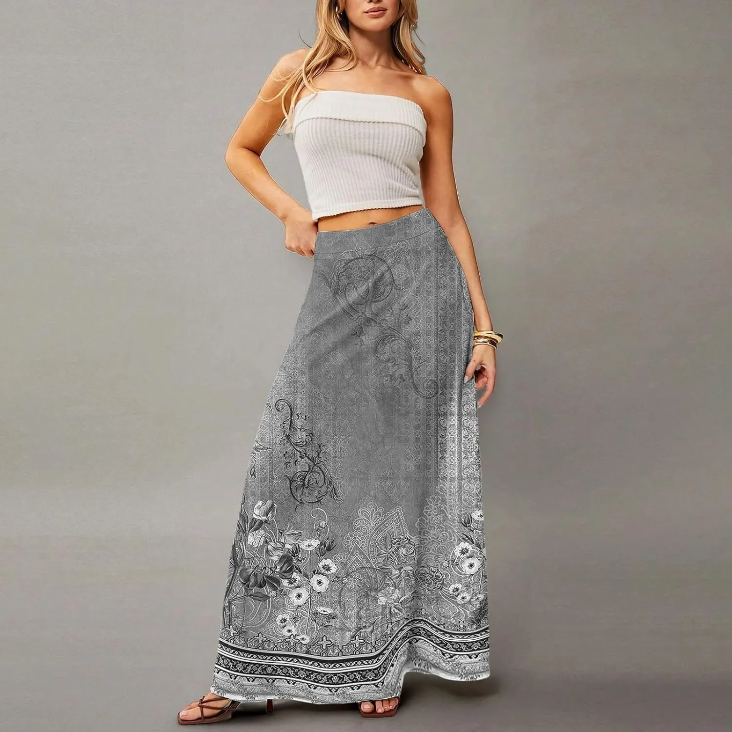 HAVUITYY Bohemian Maxi Skirts for Women 2025 Casual Floral Print Flowy High Waist A Line Summer Skirts with Pocket