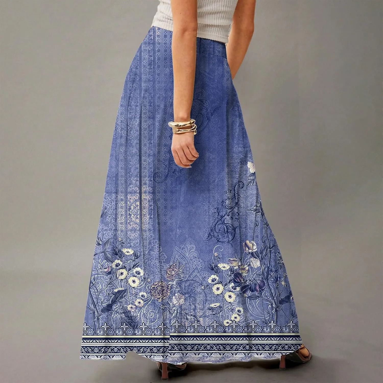HAVUITYY Bohemian Maxi Skirts for Women 2025 Casual Floral Print Flowy High Waist A Line Summer Skirts with Pocket