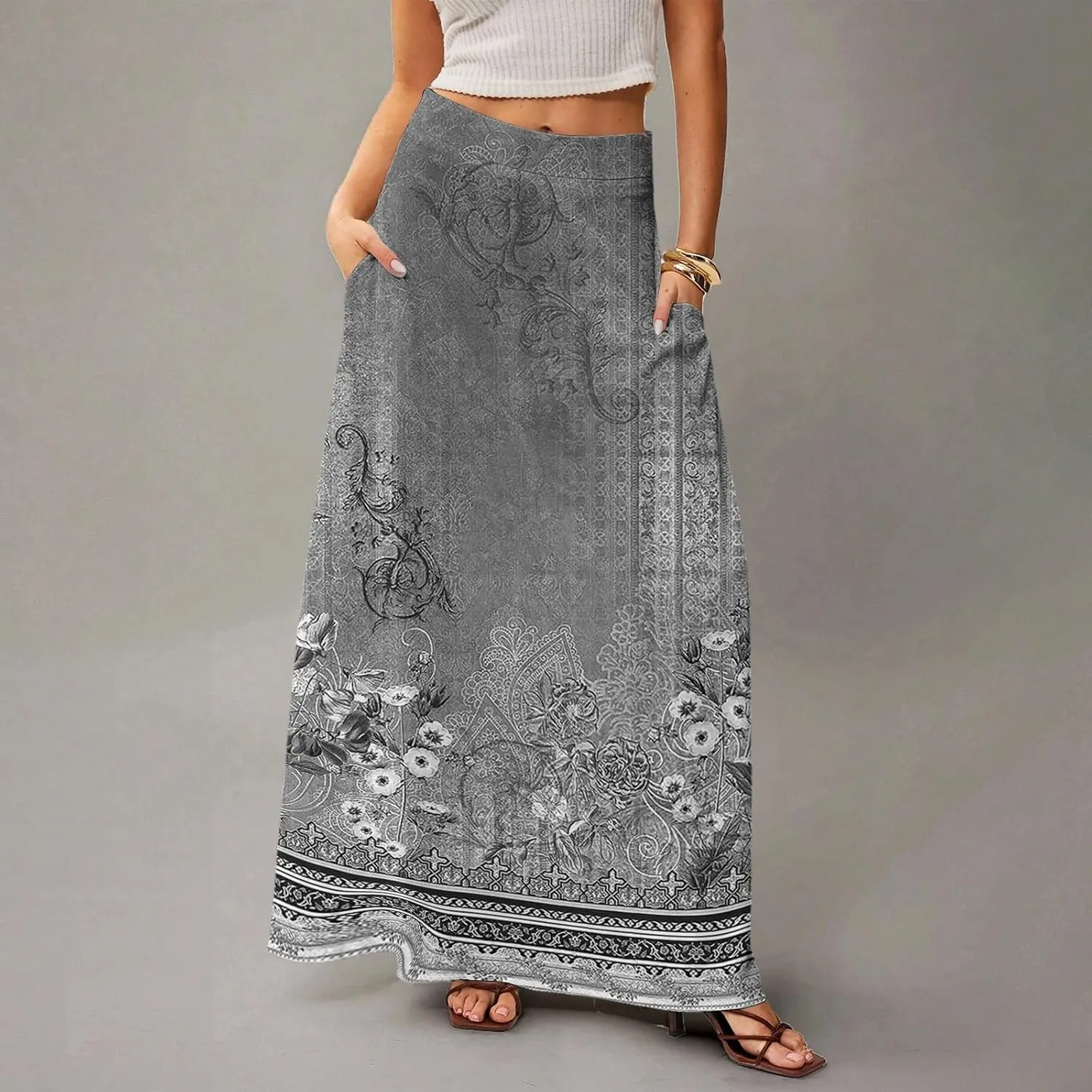 HAVUITYY Bohemian Maxi Skirts for Women 2025 Casual Floral Print Flowy High Waist A Line Summer Skirts with Pocket