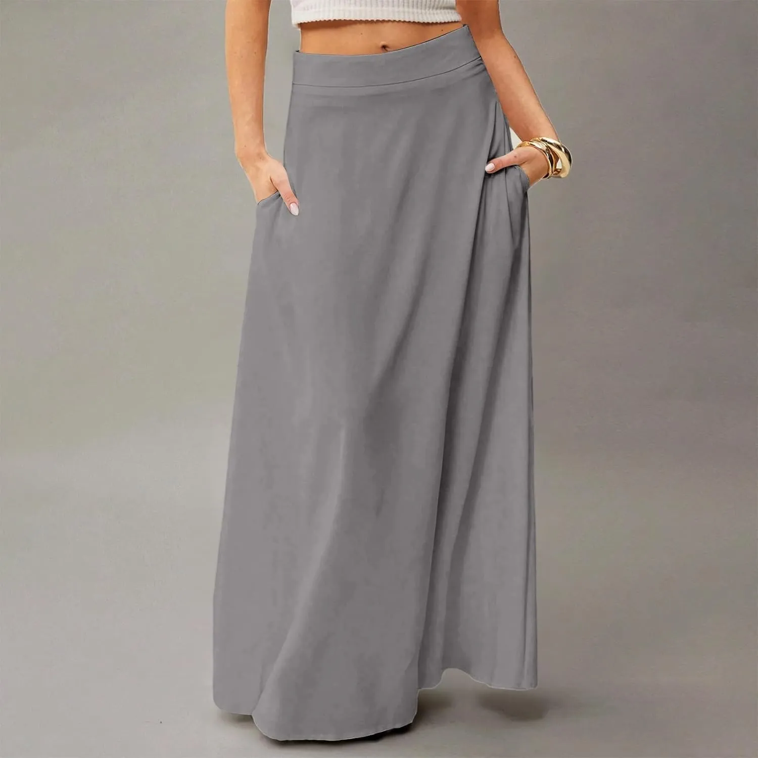 HAVUITYY Women's 2025 Bohemian Long Skirts Casual Solid Color Flowy High Waist A Line Summer Maxi Skirts for Women