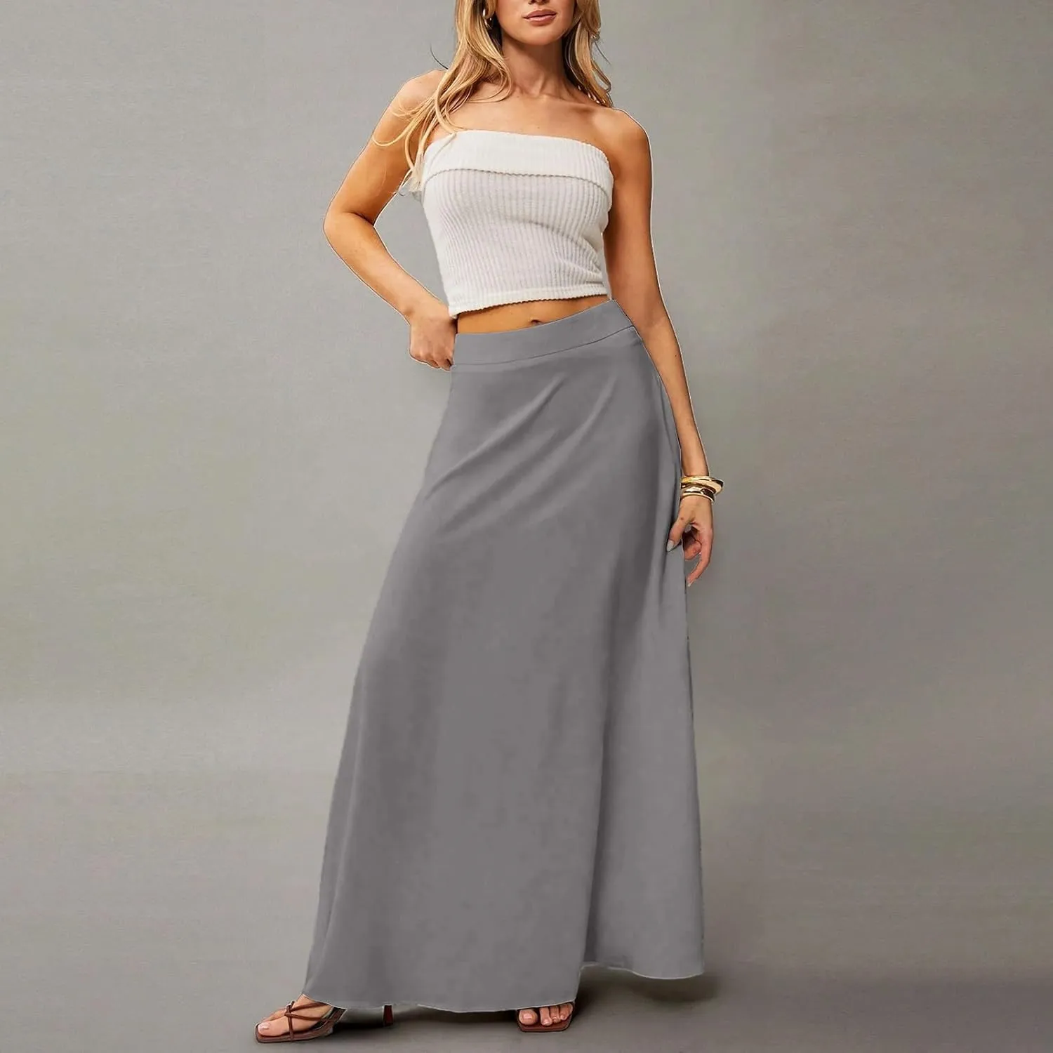 HAVUITYY Women's 2025 Bohemian Long Skirts Casual Solid Color Flowy High Waist A Line Summer Maxi Skirts for Women