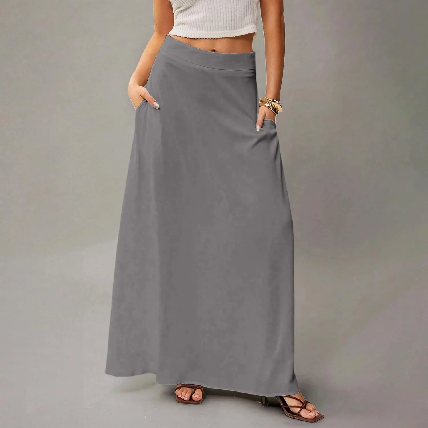HAVUITYY Women's 2025 Bohemian Long Skirts Casual Solid Color Flowy High Waist A Line Summer Maxi Skirts for Women