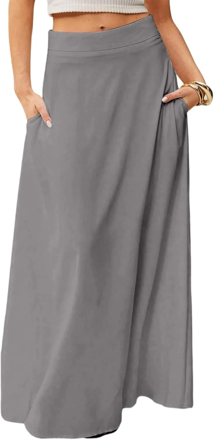 HAVUITYY Women's 2025 Bohemian Long Skirts Casual Solid Color Flowy High Waist A Line Summer Maxi Skirts for Women