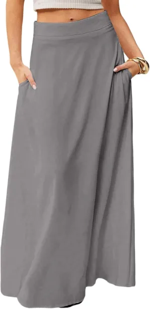 HAVUITYY Women's 2025 Bohemian Long Skirts Casual Solid Color Flowy High Waist A Line Summer Maxi Skirts for Women