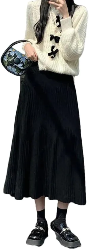 Hdhdeueh Women Knitted Midi Skirts Black Gray A-Line High Waist Pleated Elegant Skirt
