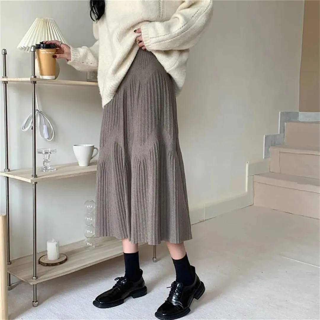 Hdhdeueh Women Knitted Midi Skirts Black Gray A-Line High Waist Pleated Elegant Skirt
