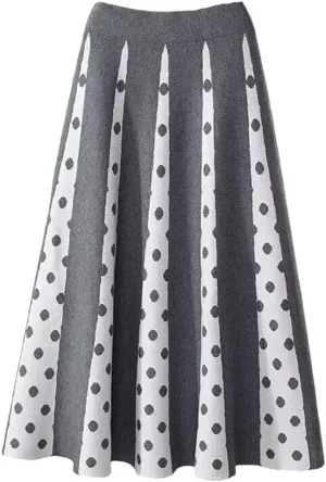 Hdhdeueh Women Polka Dot Knitted Midi Skirts A-Line Elegant Pleated Skirt