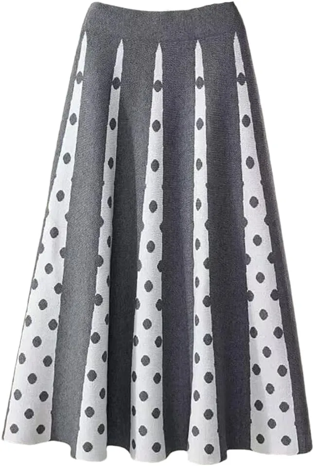 Hdhdeueh Women Polka Dot Knitted Midi Skirts A-Line Elegant Pleated Skirt