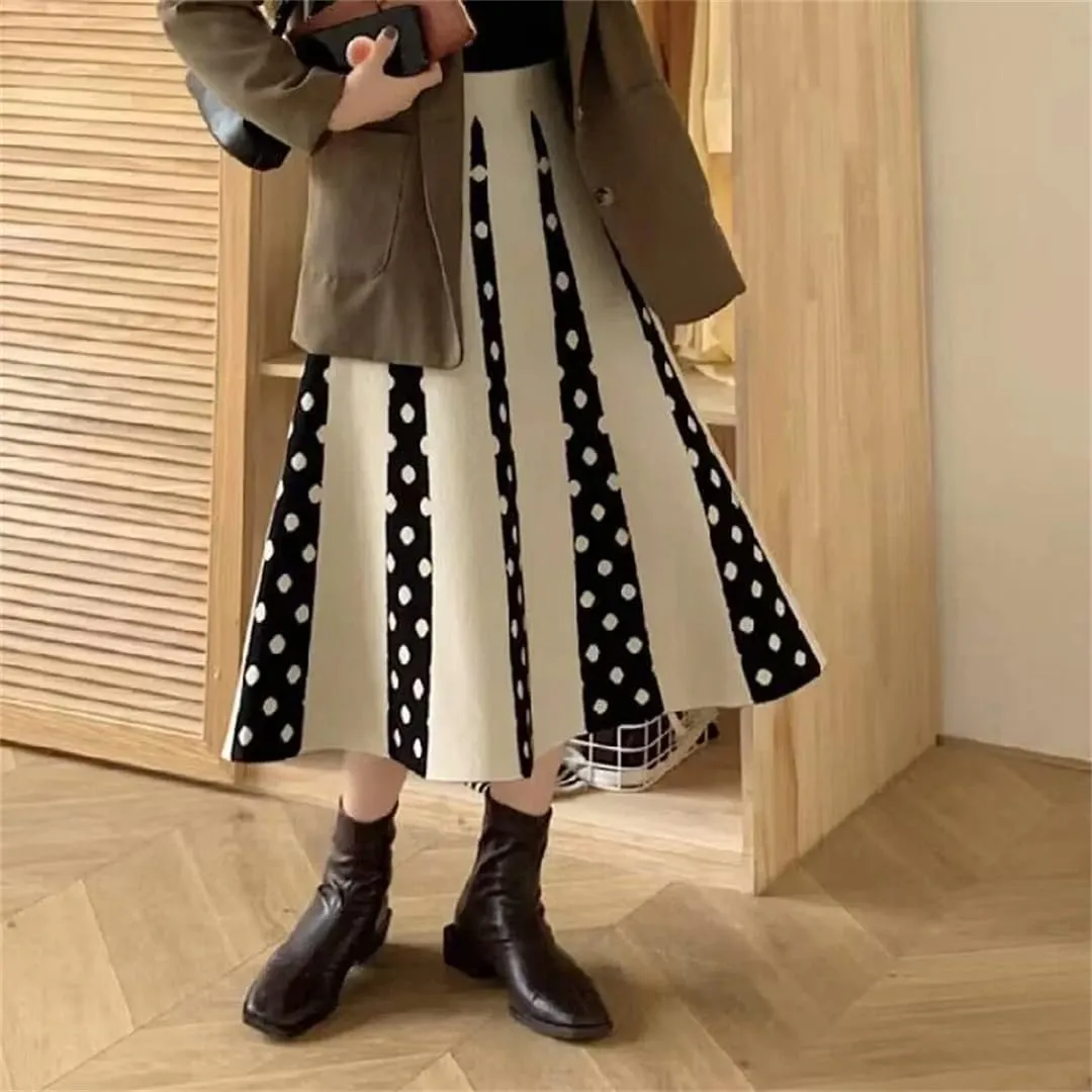 Hdhdeueh Women Polka Dot Knitted Midi Skirts A-Line Elegant Pleated Skirt