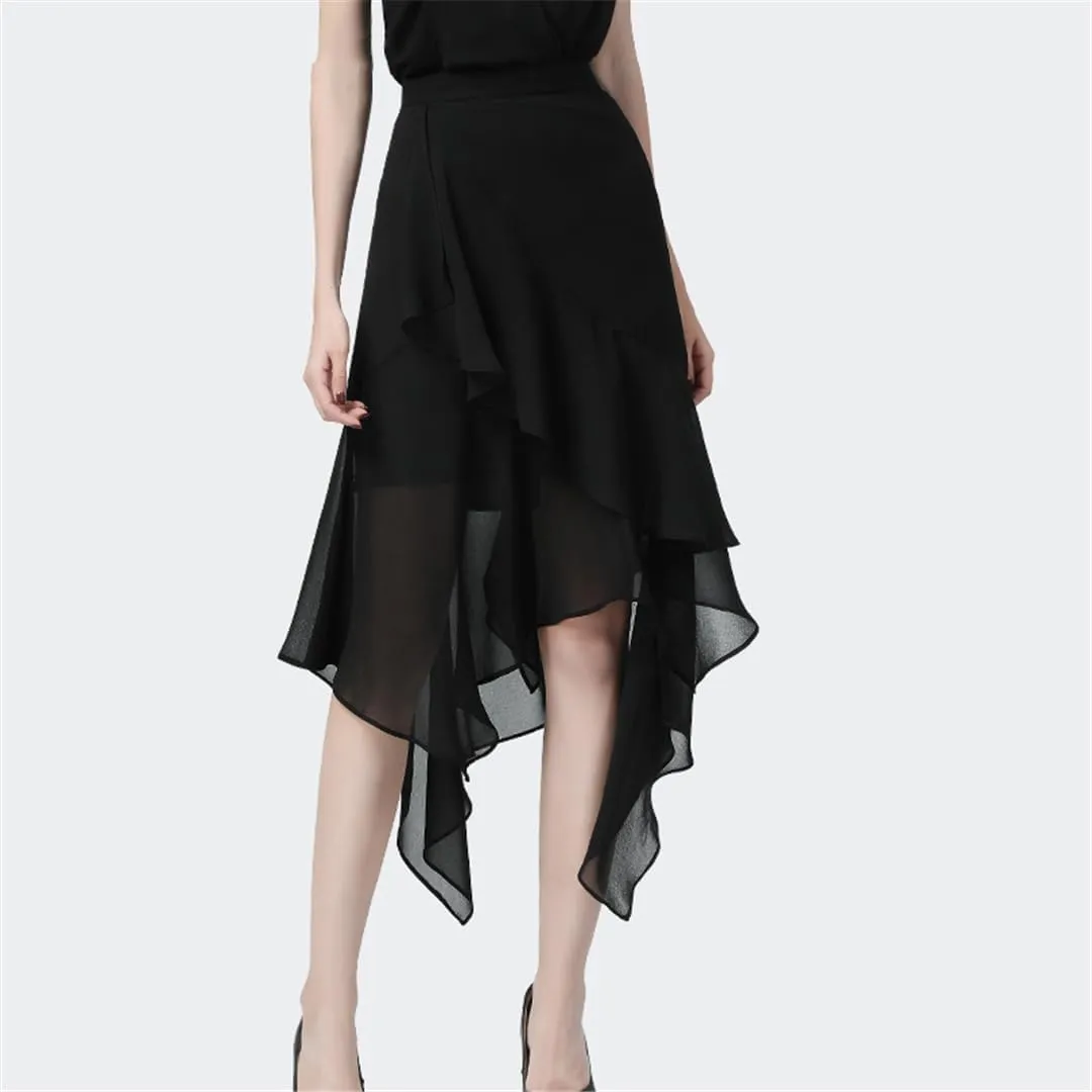 Hdhdeueh Women Ruffles Chiffon Skirt Black High Waist A-Line Irregular Draped Midi Skirts