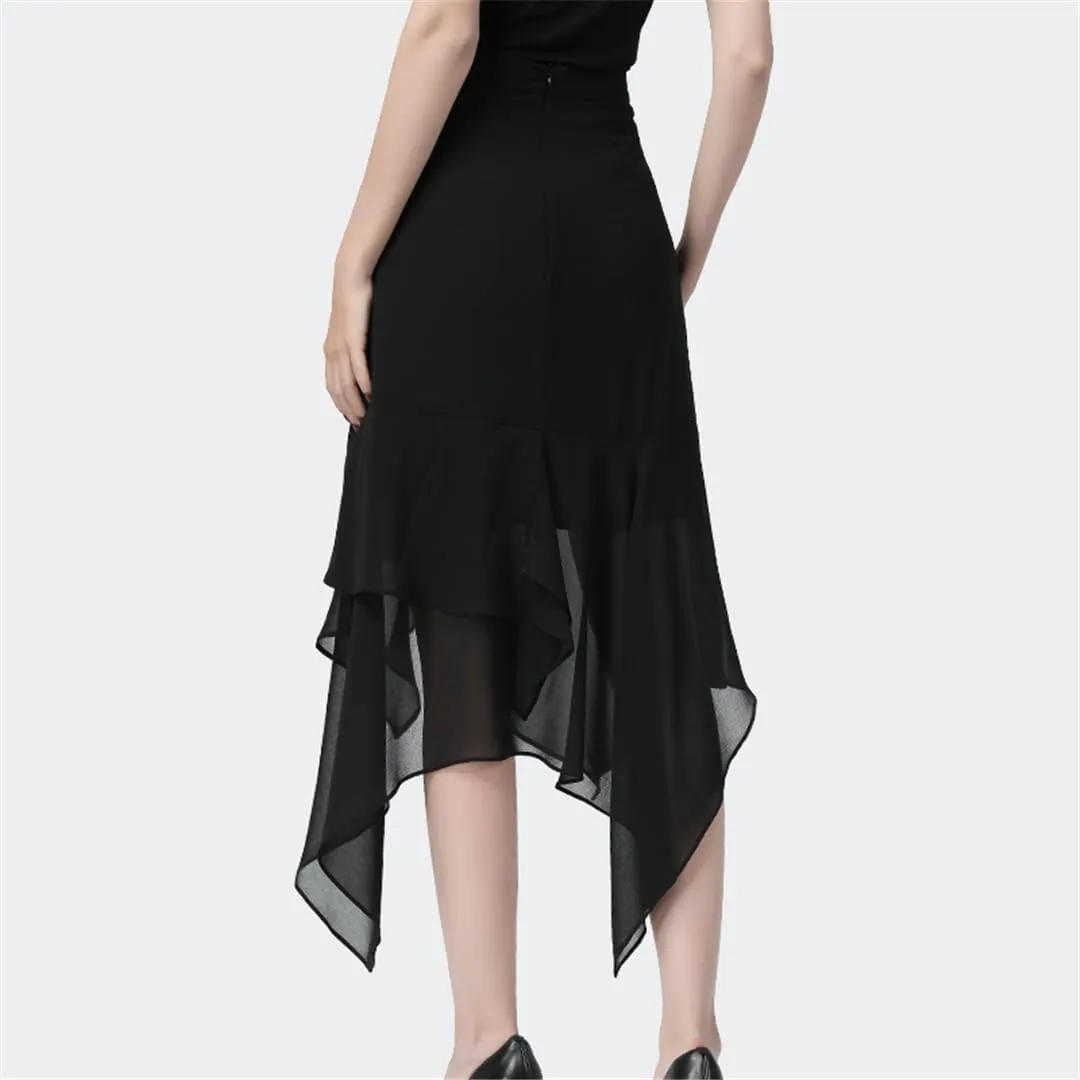 Hdhdeueh Women Ruffles Chiffon Skirt Black High Waist A-Line Irregular Draped Midi Skirts