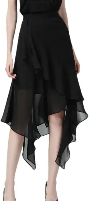 Hdhdeueh Women Ruffles Chiffon Skirt Black High Waist A-Line Irregular Draped Midi Skirts