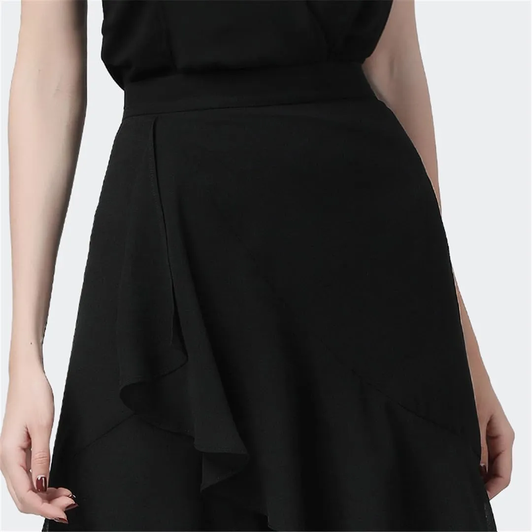 Hdhdeueh Women Ruffles Chiffon Skirt Black High Waist A-Line Irregular Draped Midi Skirts