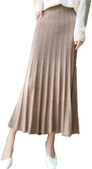 Hdhdeueh Women's High Waist Pleated Skirt Wool Elegant Thick A-Line Midi Skirts