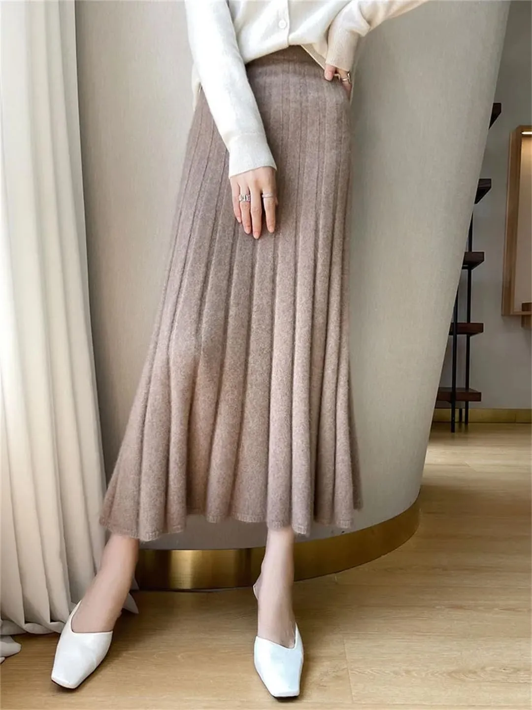 Hdhdeueh Women's High Waist Pleated Skirt Wool Elegant Thick A-Line Midi Skirts