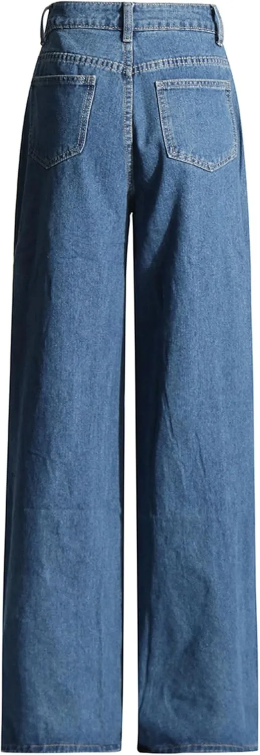 Heart Cutout Jeans for Women Baggy Wide Leg Y2k High Waist Trendy Straight Denim Pants Trouser